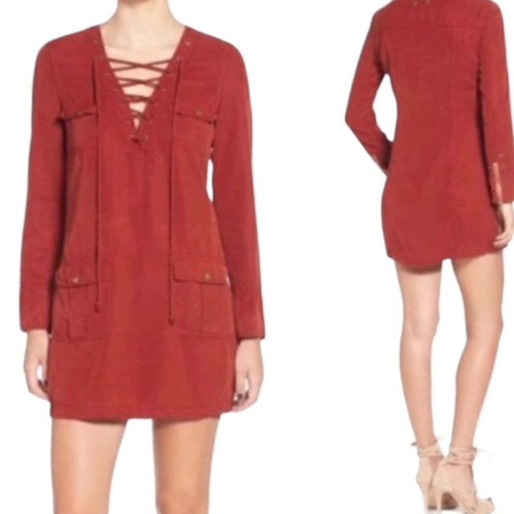 PAM & GELA Women's Lace-Up Long Sleeve Mini Shift Dress Red Size Petite